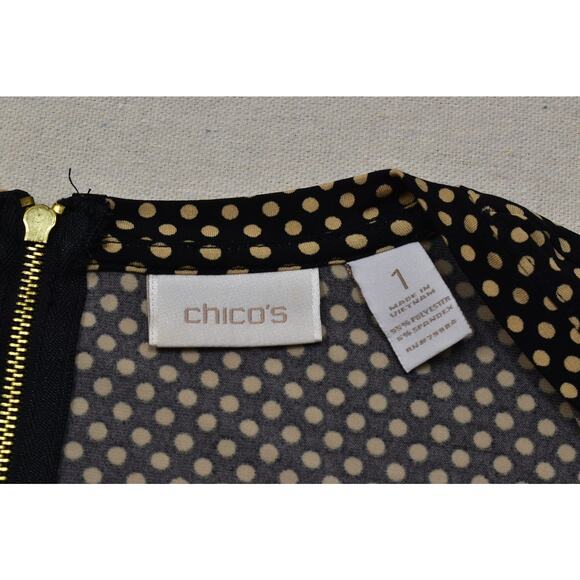 Chico's Polka Dot Top Women's Black & Tan Size 1 Quarter Zip Long Sleeve - Picture 6 of 8